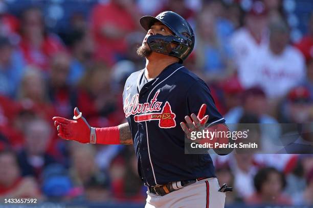 Orlando Arcia of the Atlanta Braves runs the bases following a home run against the Philadelphia Phillies during the third inning in game four of the...