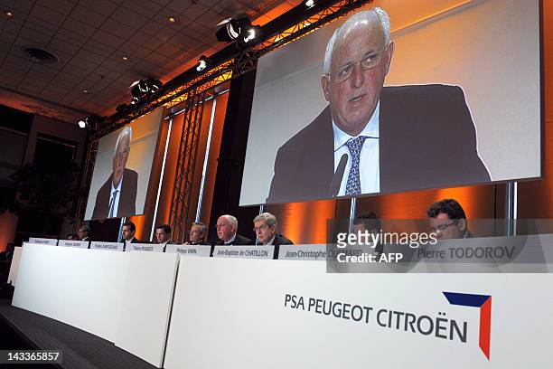 Thierry Peugeot, Chairman of the Supervisory Board addresses the group's shareholders general meeting at PSA headquarters in Paris on April 25, 2012....