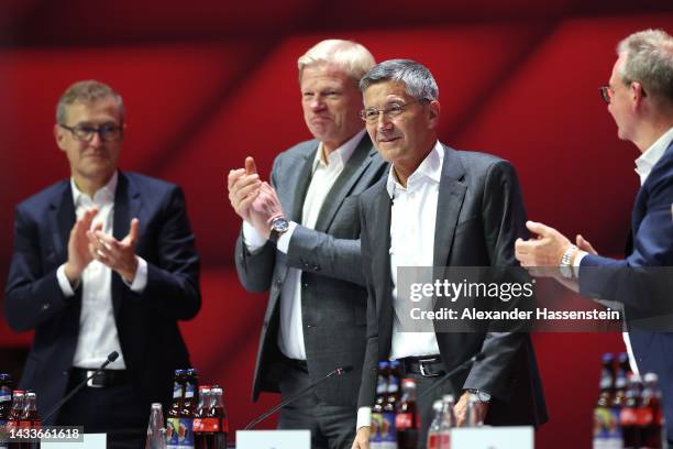 The newly elected FC Bayern München President Herbert Hainer reacts during the annual general meeting of football club FC Bayern Muenchen at Audi...
