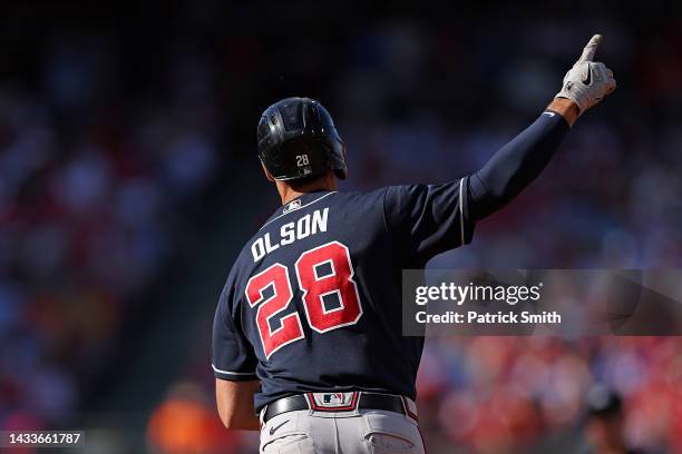 Matt Olson of the Atlanta Braves runs the bases following a home run against the Philadelphia Phillies during the fourth inning in game four of the...