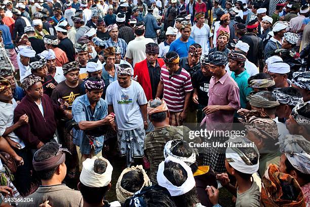 Balinese men dressed in traditional costumes gather for the cockfighting during the sacred 'Aci Keburan' ritual at Nyang Api Temple on February 12,...