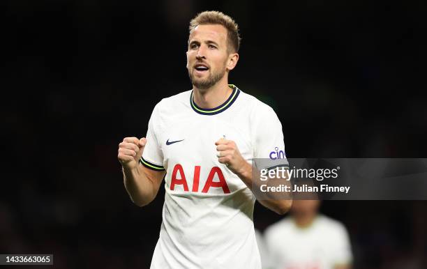 Harry Kane of Spurs celebrates Pierre-Emile Hojbjerg of Tottenham Hotspur's goal during the Premier League match between Tottenham Hotspur and...