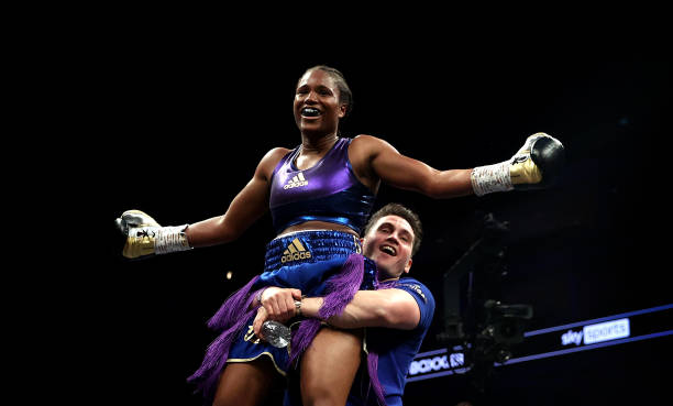 Caroline Dubois celebrates with Trainer Shane McGuigan after victory in the Lightweight fight between Caroline Dubois and Milena Koleva on the...