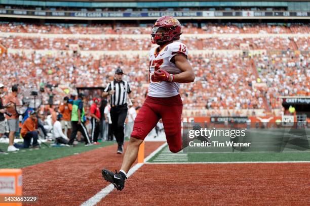 Jaylin Noel of the Iowa State Cyclones scores a touchdown in the third quarter against the Texas Longhorns at Darrell K Royal-Texas Memorial Stadium...
