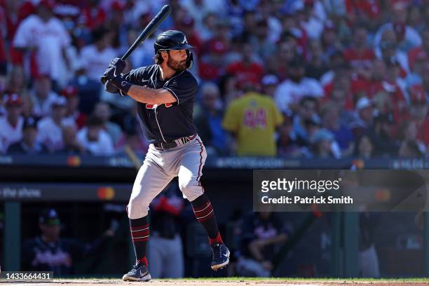 Dansby Swanson of the Atlanta Braves at bat against the Philadelphia Phillies during the first inning in game four of the National League Division...