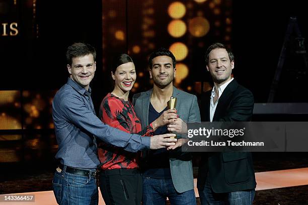 Benjamin Herrmann, Jessica Schwarz, Elyas M'Barek and Florian Gallenberger attend photocall "Deutscher Filmpreis" at the Friedrichstadt-Palast on...