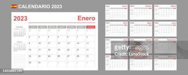 ilustraciones, imágenes clip art, dibujos animados e iconos de stock de calendario español para 2023. la semana comienza el lunes. plantilla vectorial simple. planificador de diseño de negocios. - january