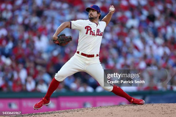 Brad Hand of the Philadelphia Phillies throws a pitch against the Atlanta Braves during the fifth inning in game four of the National League Division...