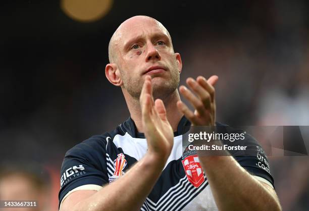 England player Chris Hill applauds the fans after the Rugby League World Cup 2021 Pool A match between England and Samoa at St. James Park on October...