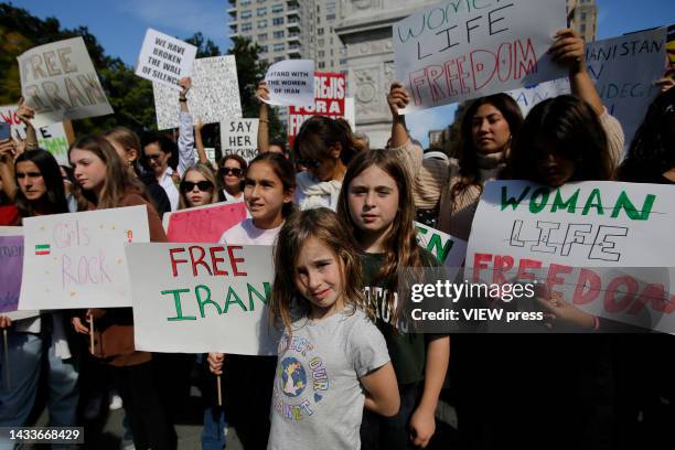 Girls attend a Woman Life Freedom Protest vs. Iran on October 15, 2022 in New York City. Woman Life Freedom/Mahsa Amini Protest in support of basic...