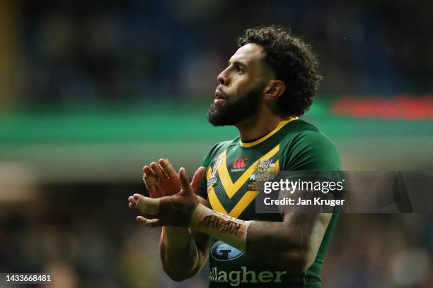 Josh Addo-Carr of Australia reacts during the Rugby League World Cup 2021 Pool B match between Australia and Fiji at Headingley on October 15, 2022...