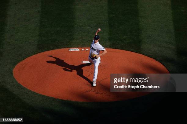 George Kirby of the Seattle Mariners delivers during the first inning against the Houston Astros in game three of the American League Division Series...