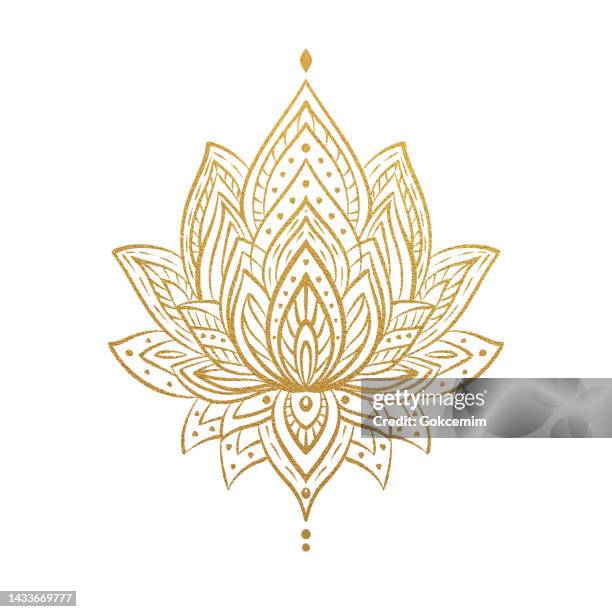stockillustraties, clipart, cartoons en iconen met hand drawn gold colored water lily lotus mandala pattern background. henna, mehndi tattoo decoration. decorative ornament in ethnic oriental style. - lotus