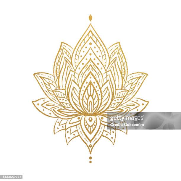 stockillustraties, clipart, cartoons en iconen met hand drawn gold colored water lily lotus mandala pattern background. henna, mehndi tattoo decoration. decorative ornament in ethnic oriental style. - paisley pattern