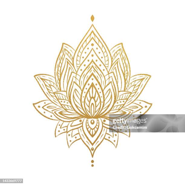 ilustrações de stock, clip art, desenhos animados e ícones de hand drawn gold colored water lily lotus mandala pattern background. henna, mehndi tattoo decoration. decorative ornament in ethnic oriental style. - water lily