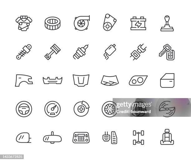 illustrazioni stock, clip art, cartoni animati e icone di tendenza di icone della linea di ricambi auto. tratto modificabile. - freno