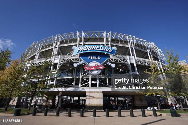 General view outside of Progressive Field before game three of the American League Division Series between the Cleveland Guardians and the New York...