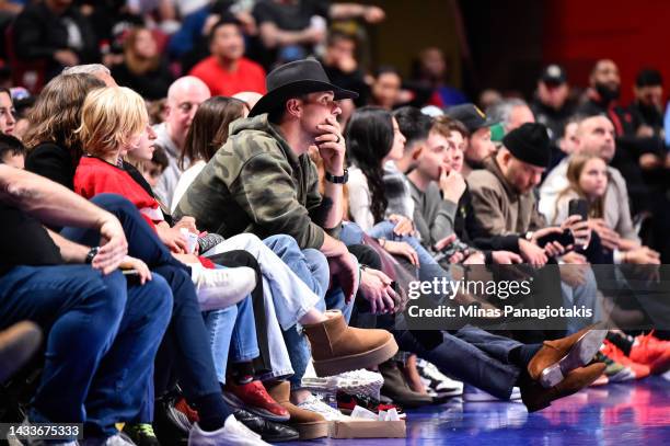 Goaltender Carey Price of the Montreal Canadiens takes in the atmosphere during the preseason NBA game between the Toronto Raptors and the Boston...