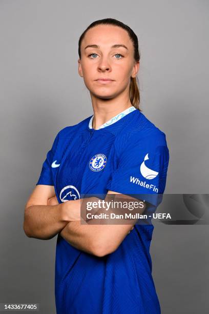 Niamh Charles of Chelsea FC poses for a photo during the Chelsea FC UEFA Women's Champions League Portrait session at Chelsea Training Ground on...