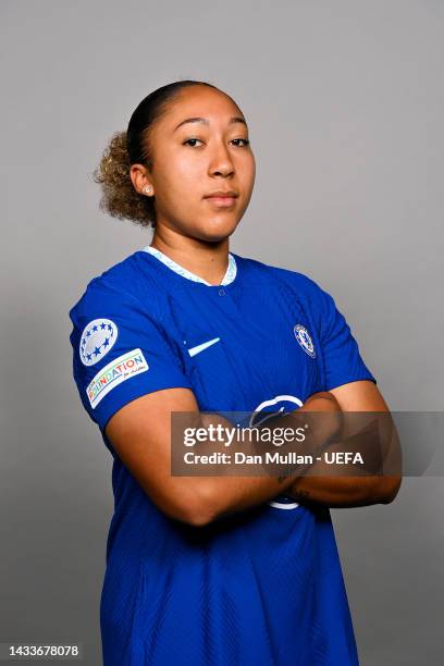 Lauren James of Chelsea FC poses for a photo during the Chelsea FC UEFA Women's Champions League Portrait session at Chelsea Training Ground on...