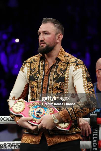 Hughie Fury is seen in the ring with Savannah Marshall's WBO Belt ahead of the IBF, WBA, WBC, WBO World Middleweight Title fight between Claressa...