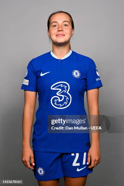 Alsu Abdullina of Chelsea FC poses for a photo during the Chelsea FC UEFA Women's Champions League Portrait session at Chelsea Training Ground on...