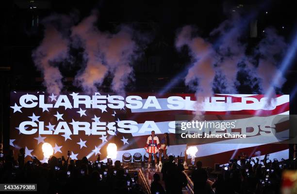 Claressa Shields walks out ahead of the IBF, WBA, WBC, WBO World Middleweight Title fight between Claressa Shields and Savannah Marshall on the...