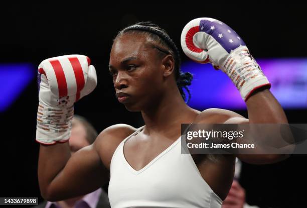 Claressa Shields looks on ahead of the IBF, WBA, WBC, WBO World Middleweight Title fight between Claressa Shields and Savannah Marshall on the...