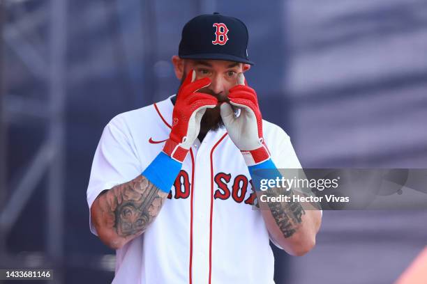 Legend Jonny Gomes of the Boston Red Sox gestures during the FTX MLB Home Run Derby X at Campo Marte on October 15, 2022 in Mexico City, Mexico.