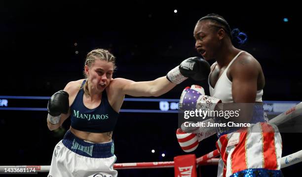 Savannah Marshall punches Claressa Shields during the IBF, WBA, WBC, WBO World Middleweight Title fight between Claressa Shields and Savannah...