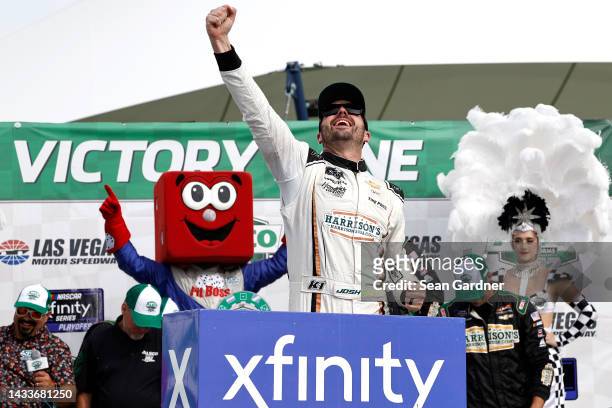 Josh Berry, driver of the Harrison's USA Chevrolet, celebrates in victory lane after winning the NASCAR Xfinity Series Alsco Uniforms 302 at Las...