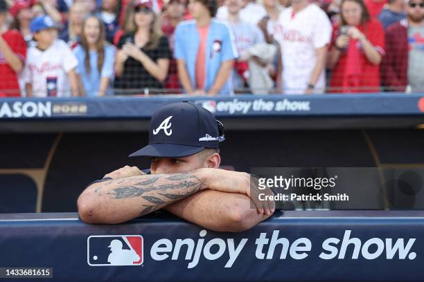 Vaughn Grissom of the Atlanta Braves sits in the dugout after losing to the Philadelphia Phillies in game four of the National League Division Series...