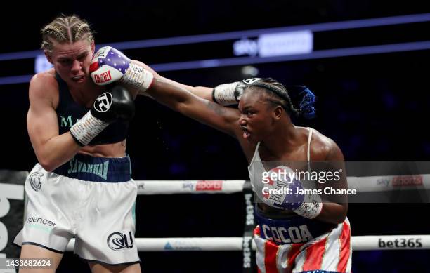 Claressa Shields punches Savannah Marshall during the IBF, WBA, WBC, WBO World Middleweight Title fight between Claressa Shields and Savannah...