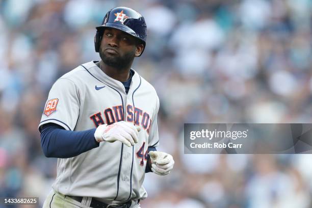 Yordan Alvarez of the Houston Astros looks on after flying out during the sixth inning against the Seattle Mariners in game three of the American...