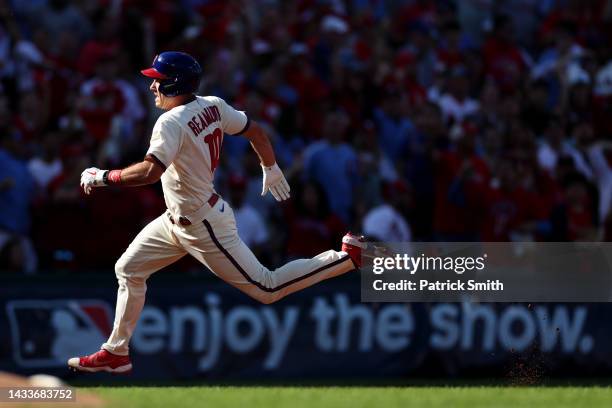 Realmuto of the Philadelphia Phillies runs the bases before scoring an in the park home run against the Atlanta Braves during the third inning in...