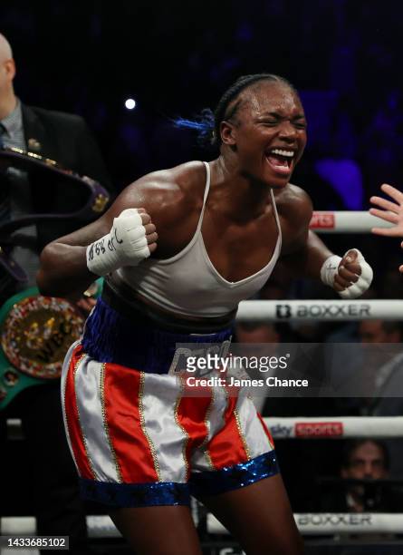 Claressa Shields celebrates victory after the IBF, WBA, WBC, WBO World Middleweight Title fight between Claressa Shields and Savannah Marshall on the...
