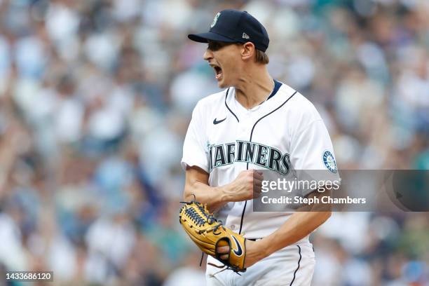 George Kirby of the Seattle Mariners reacts after striking out Jose Altuve of the Houston Astros to get out of the seventh inning with two men on...