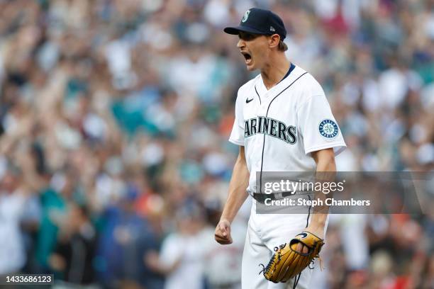 George Kirby of the Seattle Mariners reacts after striking out Jose Altuve of the Houston Astros to get out of the seventh inning with two men on...