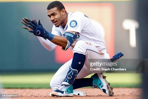 Julio Rodriguez of the Seattle Mariners celebrates a double during the eighth inning against the Houston Astros in game three of the American League...