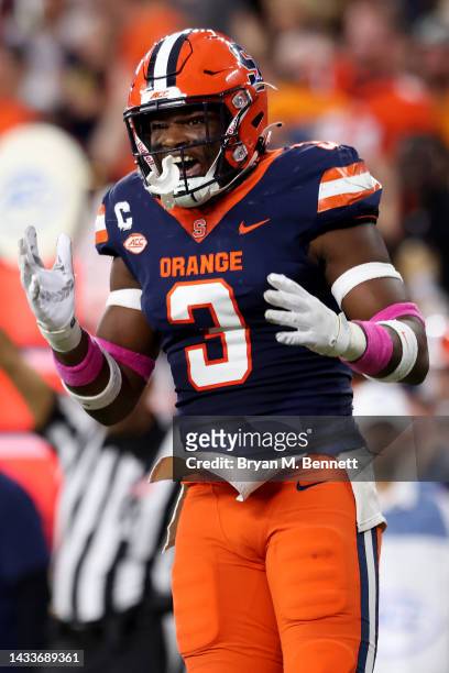 Mikel Jones of the Syracuse Orange reacts during the second quarter against the North Carolina State Wolfpack at JMA Wireless Dome on October 15,...