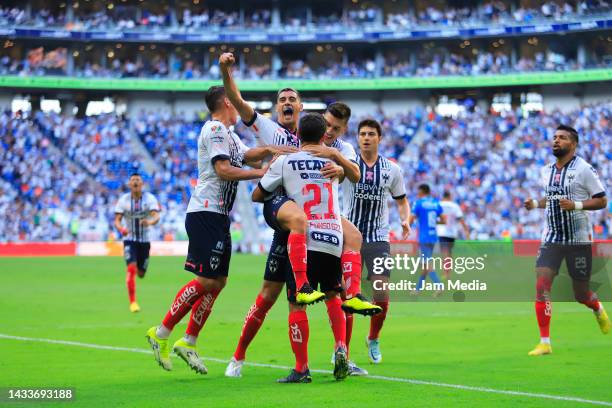 German Berterame of Monterrey celebrates with teammates after scoring his team's first goal during the quarterfinals second leg match between...