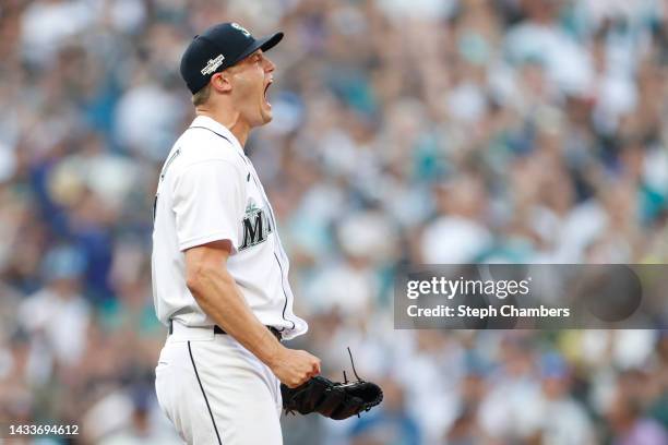 Paul Sewald of the Seattle Mariners reacts during the eleventh inning against the Seattle Mariners in game three of the American League Division...