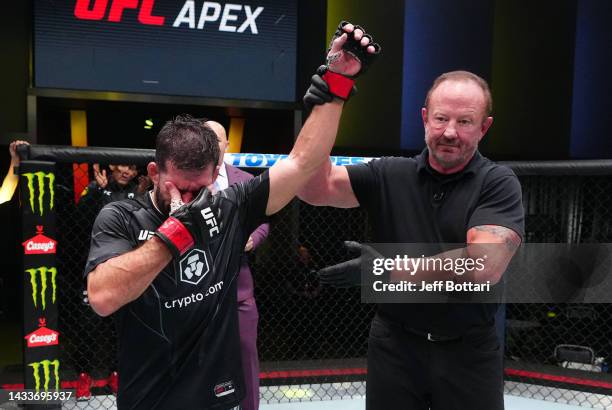 Raphael Assuncao of Brazil reacts after his victory over Victor Henry in a bantamweight fight during the UFC Fight Night event at UFC APEX on October...