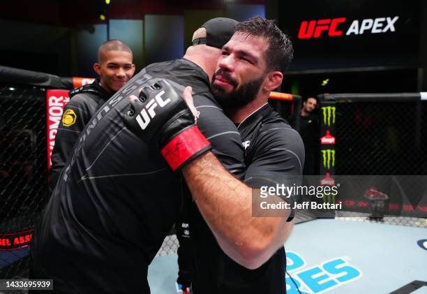 Raphael Assuncao of Brazil reacts after his victory over Victor Henry in a bantamweight fight during the UFC Fight Night event at UFC APEX on October...