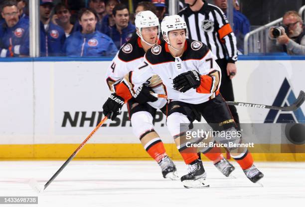Frank Vatrano of the Anaheim Ducks skates against the New York Islanders at the UBS Arena on October 15, 2022 in Elmont, New York.
