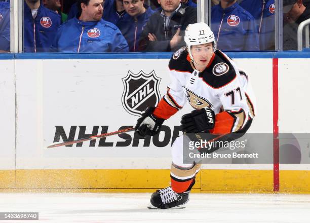 Frank Vatrano of the Anaheim Ducks skates against the New York Islanders at the UBS Arena on October 15, 2022 in Elmont, New York.