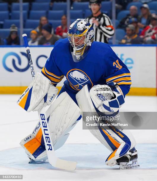 Eric Comrie of the Buffalo Sabres during the game against the Florida Panthers at KeyBank Center on October 15, 2022 in Buffalo, New York.