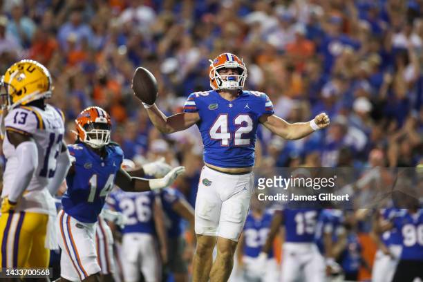 Rocco Underwood of the Florida Gators celebrates after recovering a fumble during the 2nd quarter of a game against the LSU Tigers at Ben Hill...