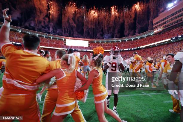 Defensive back Jordan Battle of the Alabama Crimson Tide leaves the field after a loss to the Tennessee Volunteers at Neyland Stadium on October 15,...