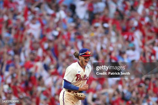 Alec Bohm of the Philadelphia Phillies celebrates after defeating the Atlanta Braves in game four of the National League Division Series at Citizens...